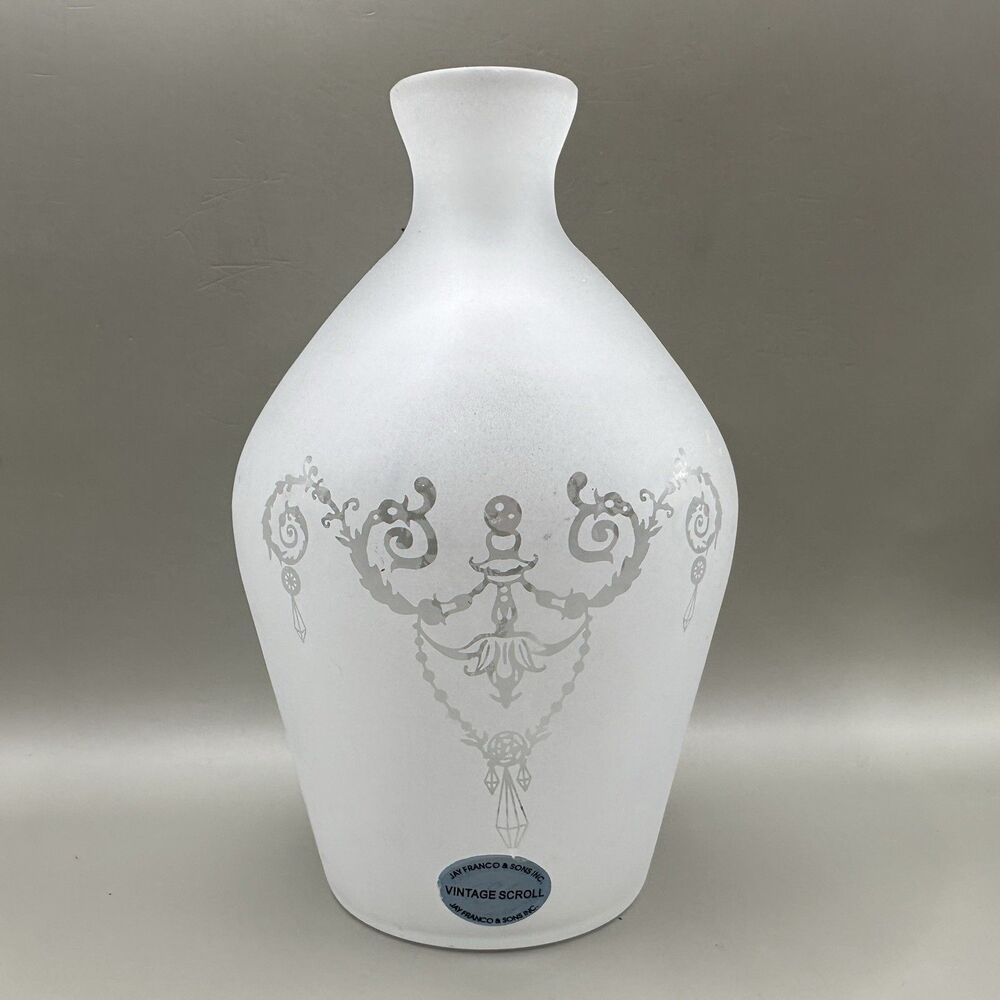 Jay Franco Vintage Scroll Frosted Glass Oil Bottle Vase Bath Spa Decor Vtg